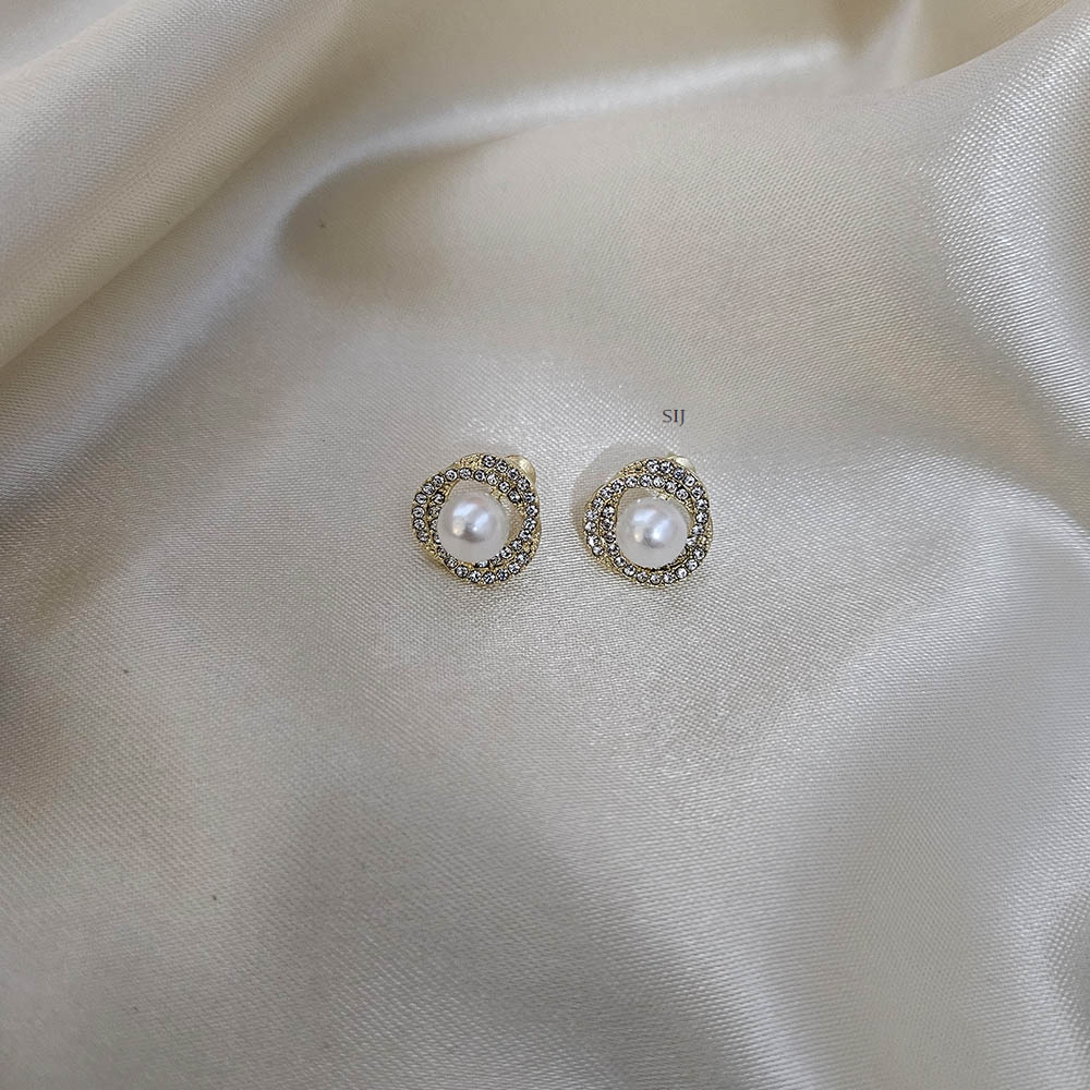 Matte Finish CZ Stones Ear Studs with Pearl