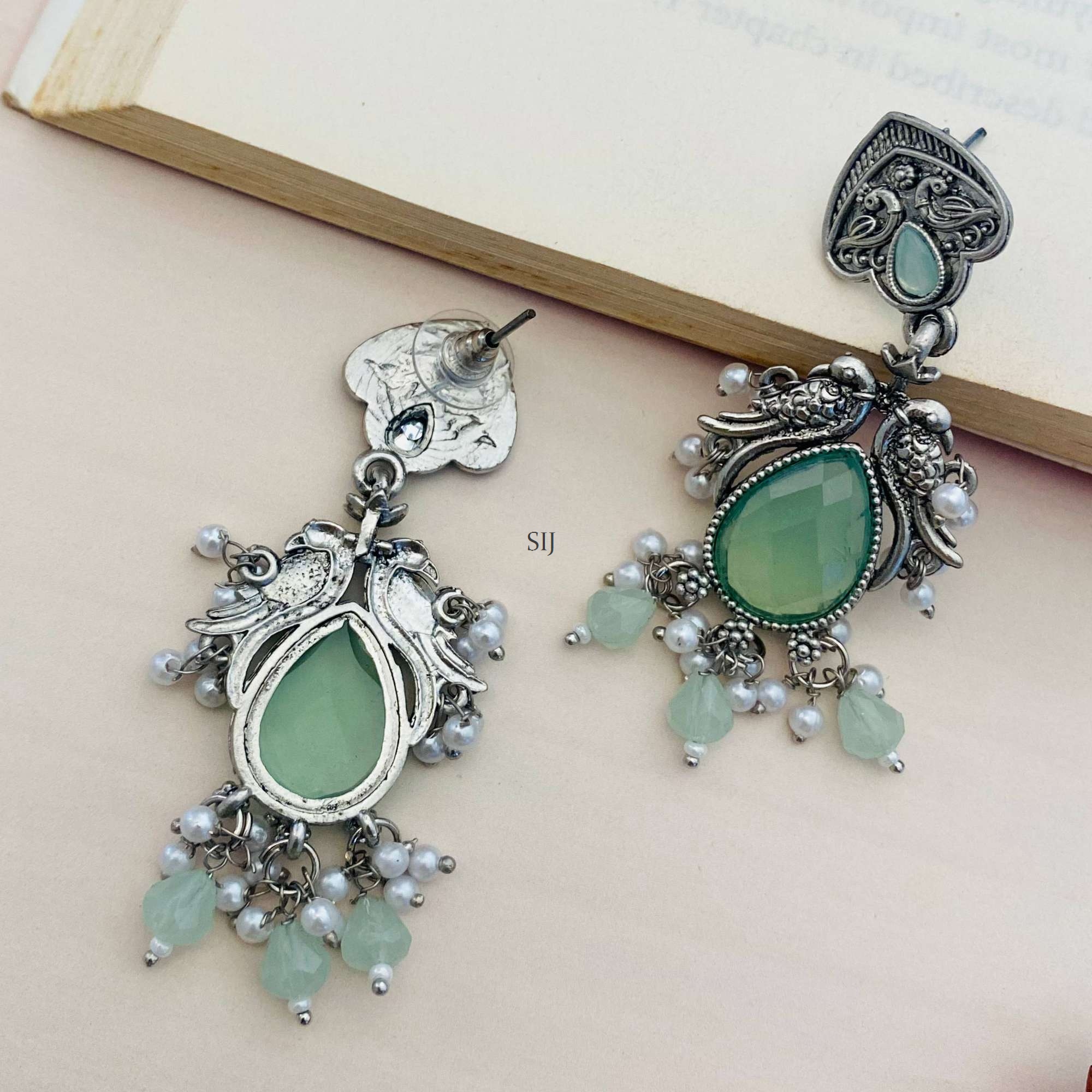 Green Stone German Beaded Silver Plated Earrings