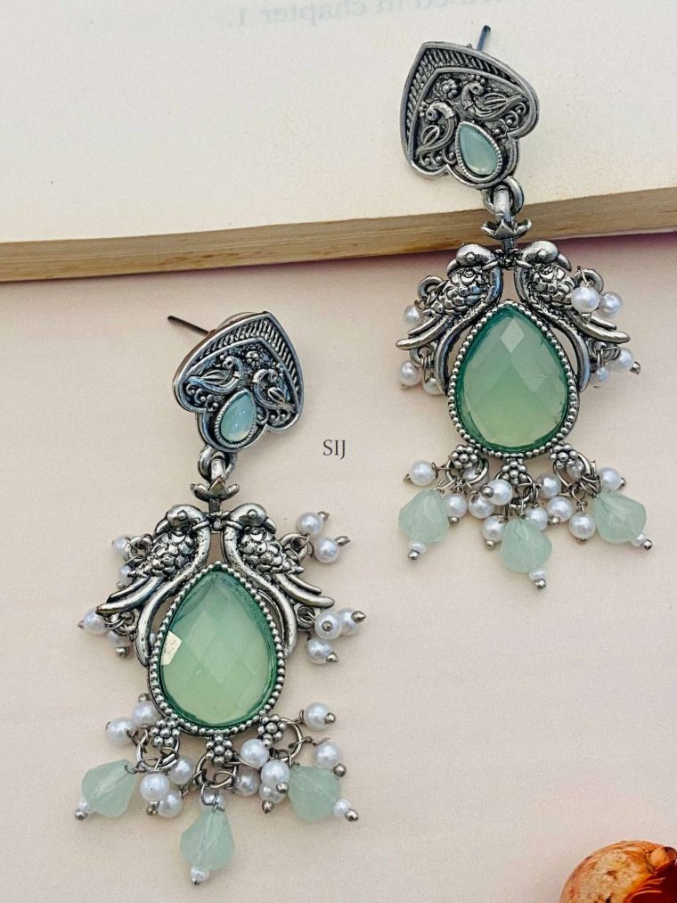 Green Stone German Beaded Silver Plated Earrings