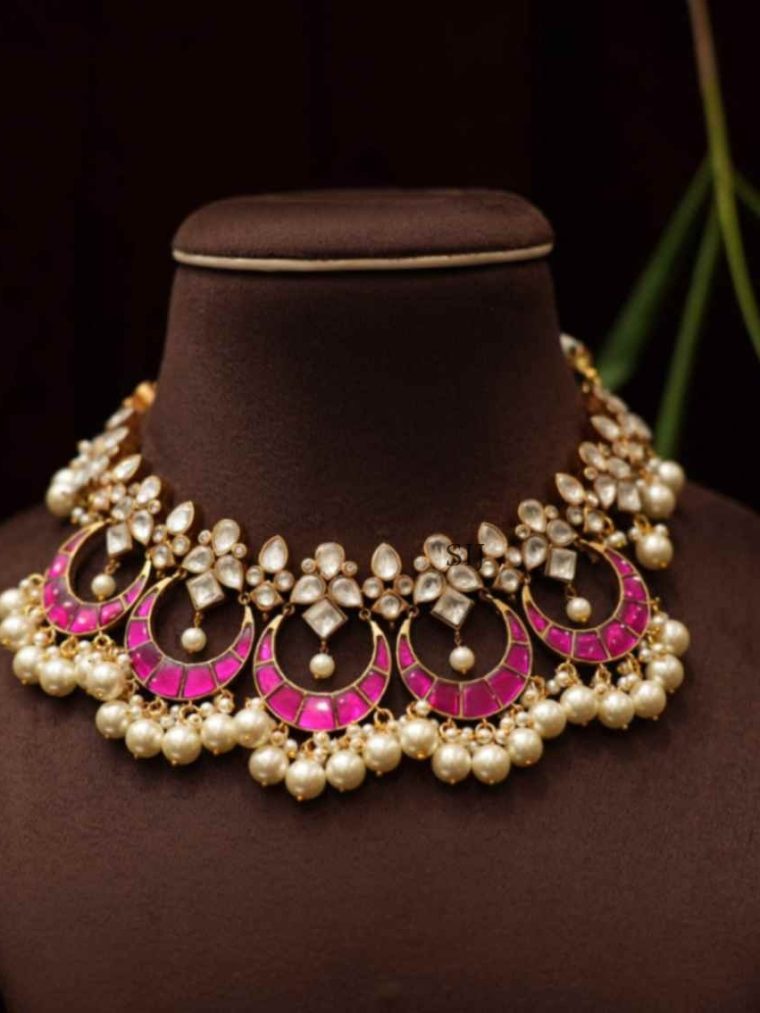 Imitation Pink Chand Polki Necklace Set