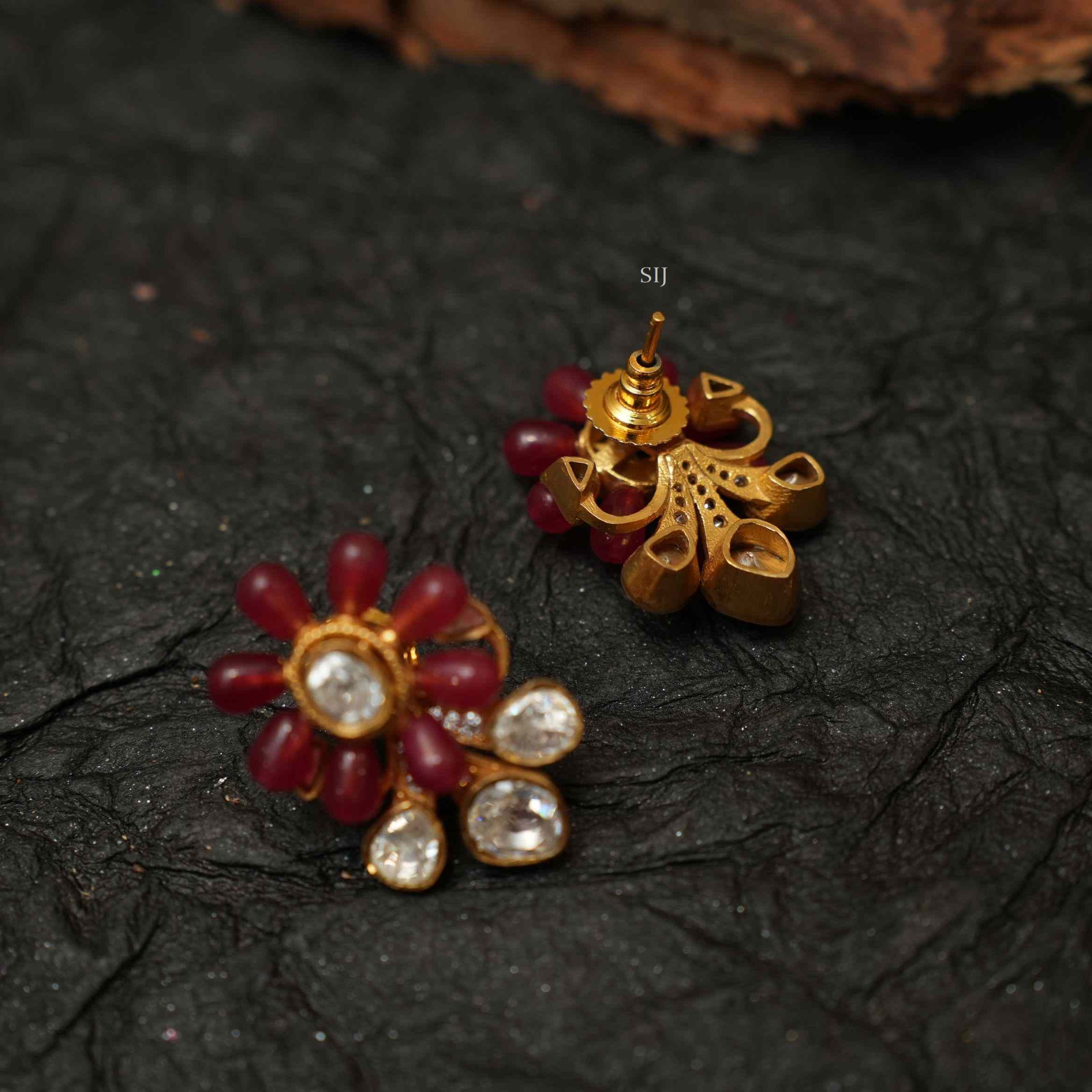 Artificial Red Polki Ear Studs with White Stones