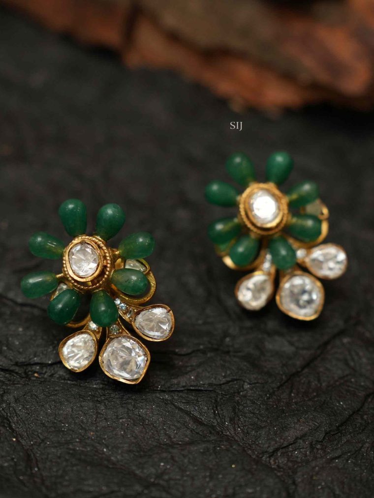 Imitation Green Polki Ear Studs with White Stones