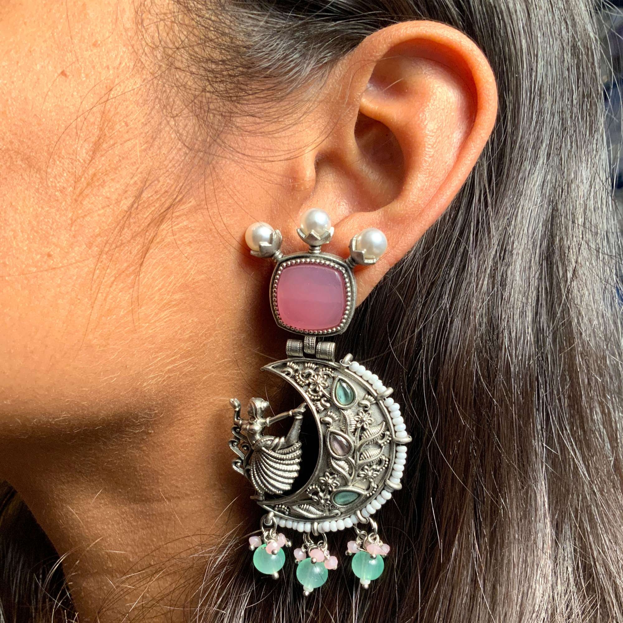 Moon Shape Pink Stone Silver Earrings