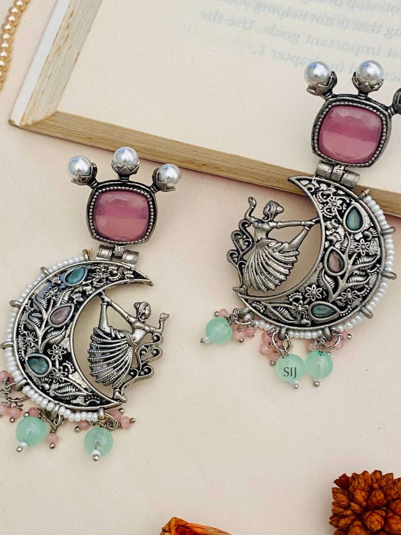 Moon Shape Pink Stone Silver Earrings