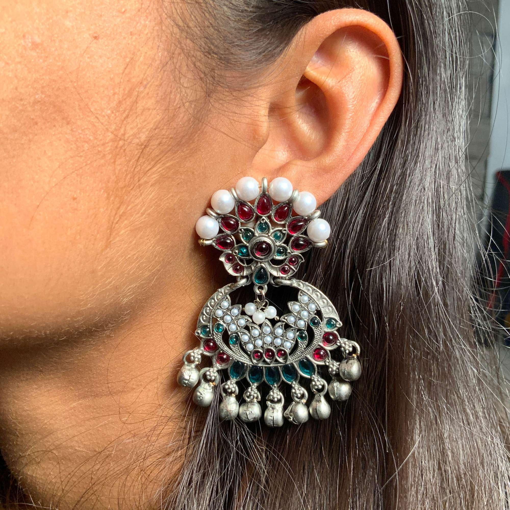 Multi Color Stone Silver Beaded Earrings