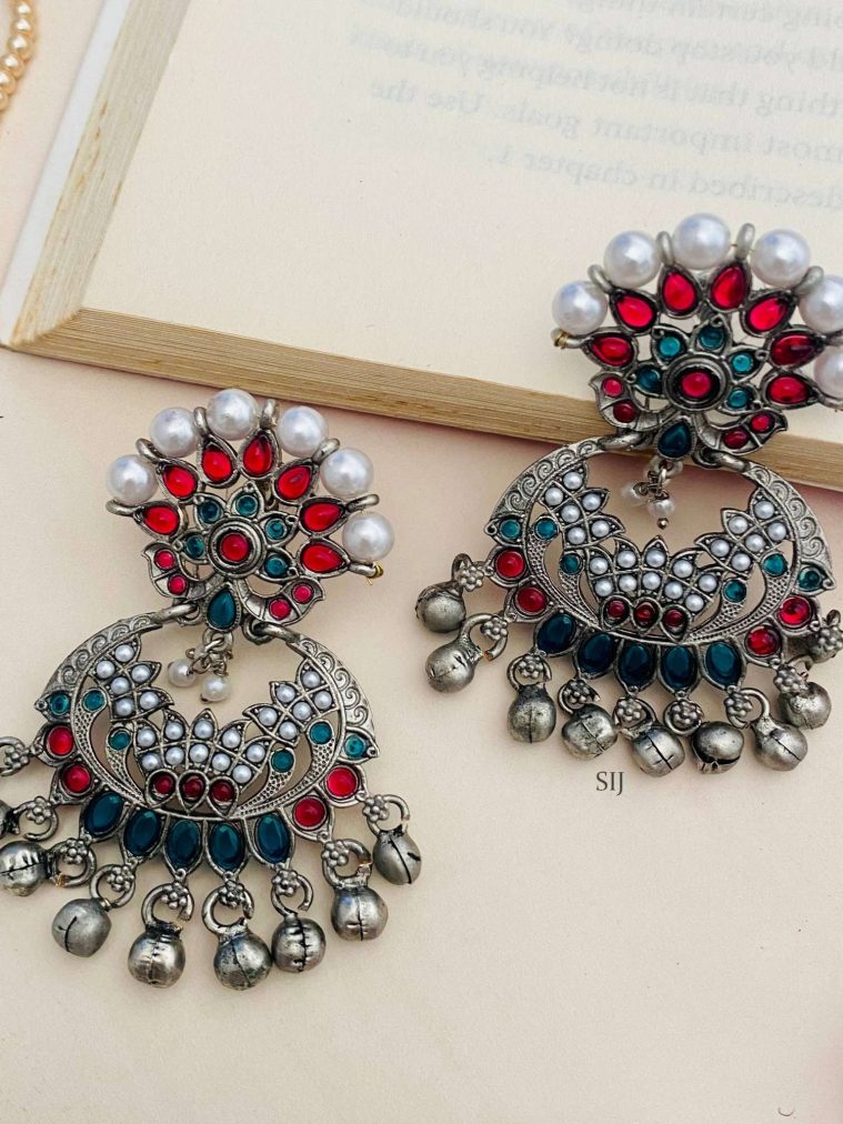 Multi Color Stone Silver Beaded Earrings