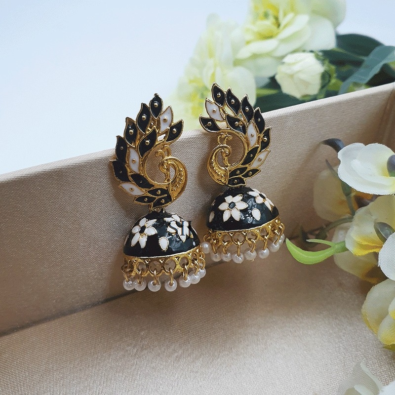 Peacock Design Black Beaded Earrings