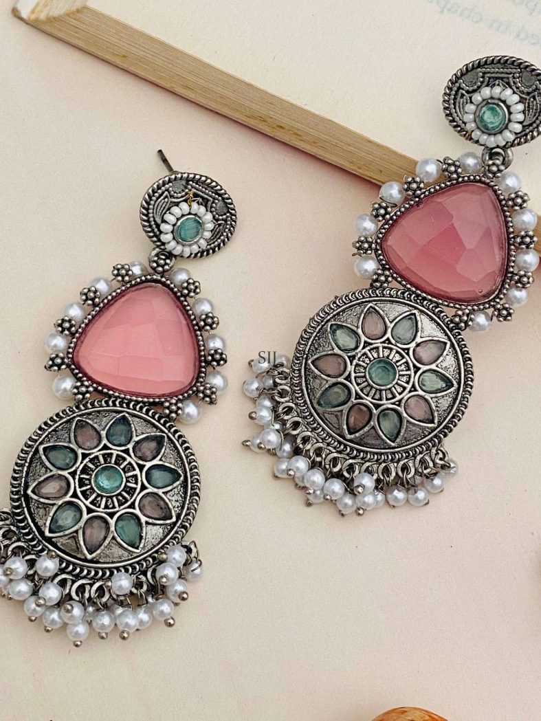 Pink Stone Beaded Silver Plated Earrings