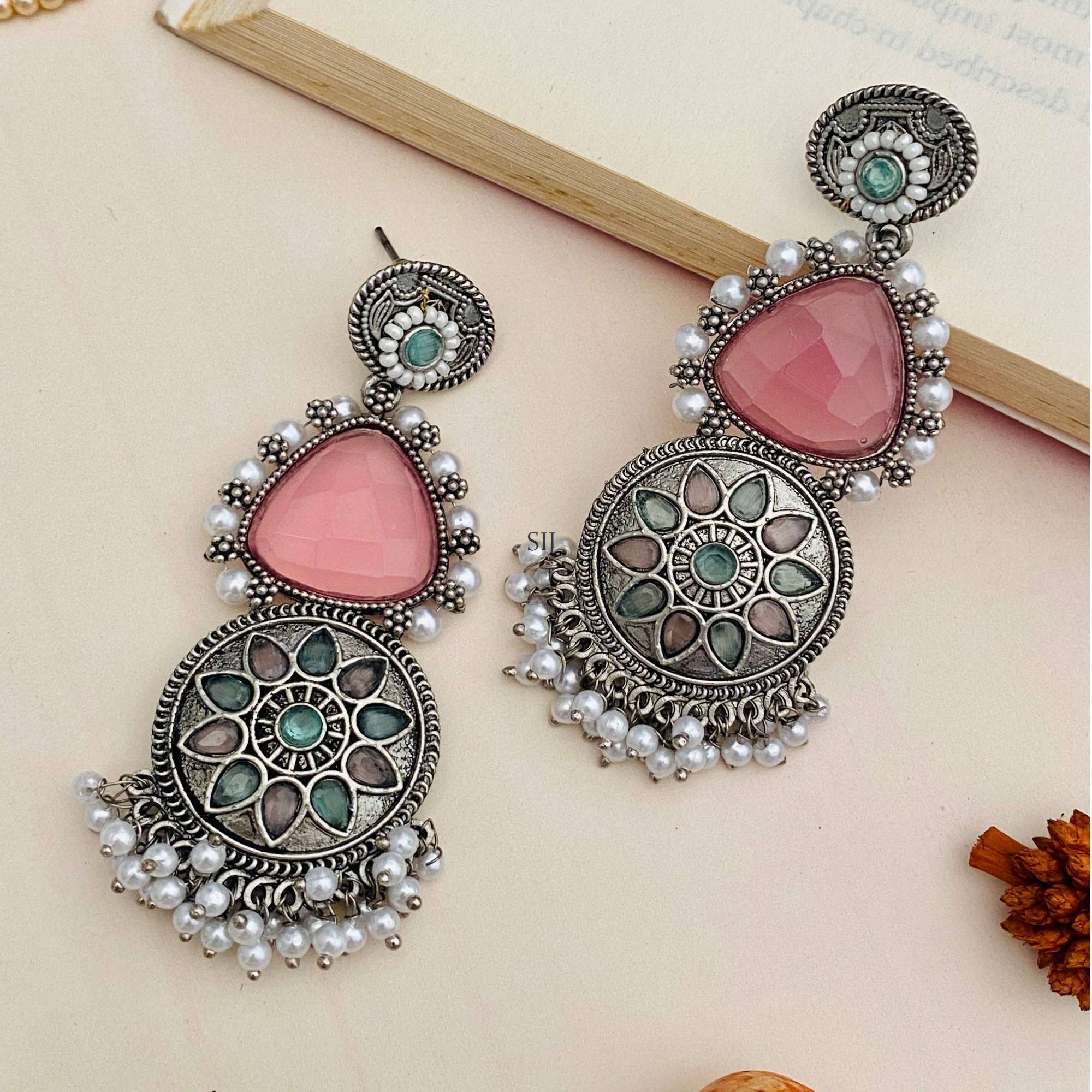 Pink Stone Beaded Silver Plated Earrings