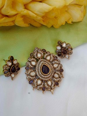 Rangoli Design Purple Stone Victorian Pendant Set