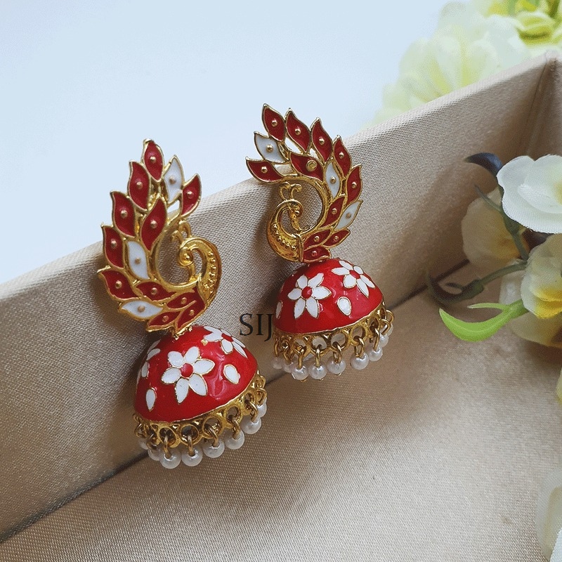 Red Color Minakari Peacock Designer Earrings