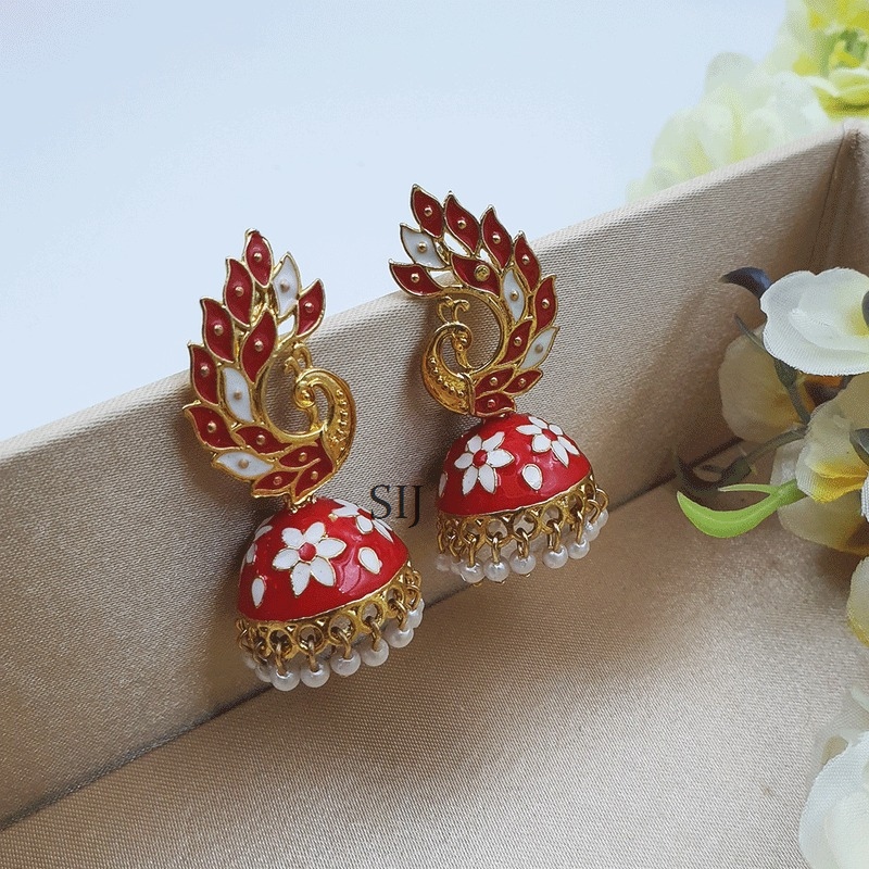 Red Color Minakari Peacock Designer Earrings