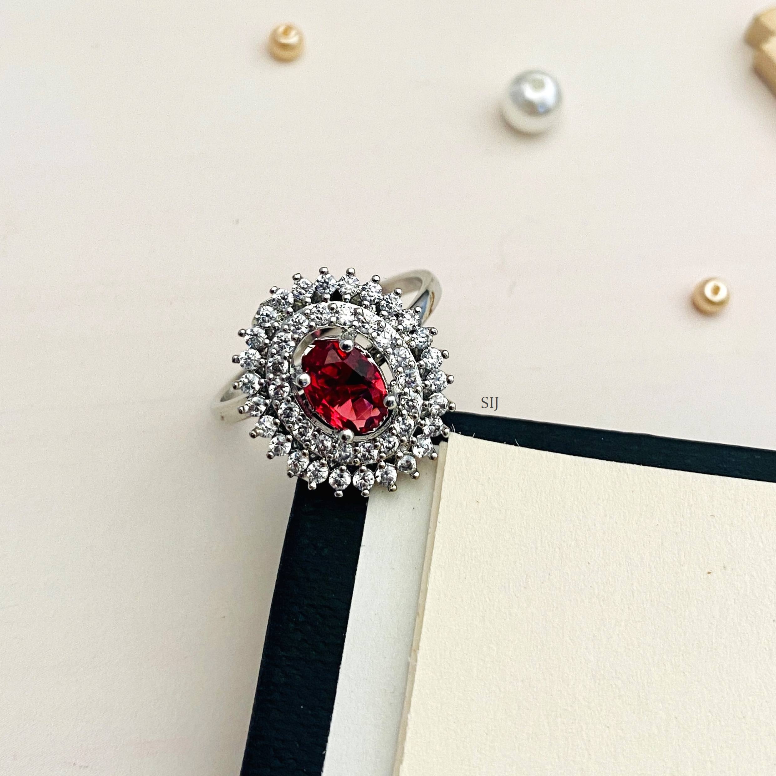 Red Coral American Diamond Silver Plated Ring