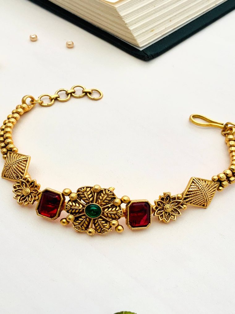 Red Green stone Antique Gold Polish Bracelet