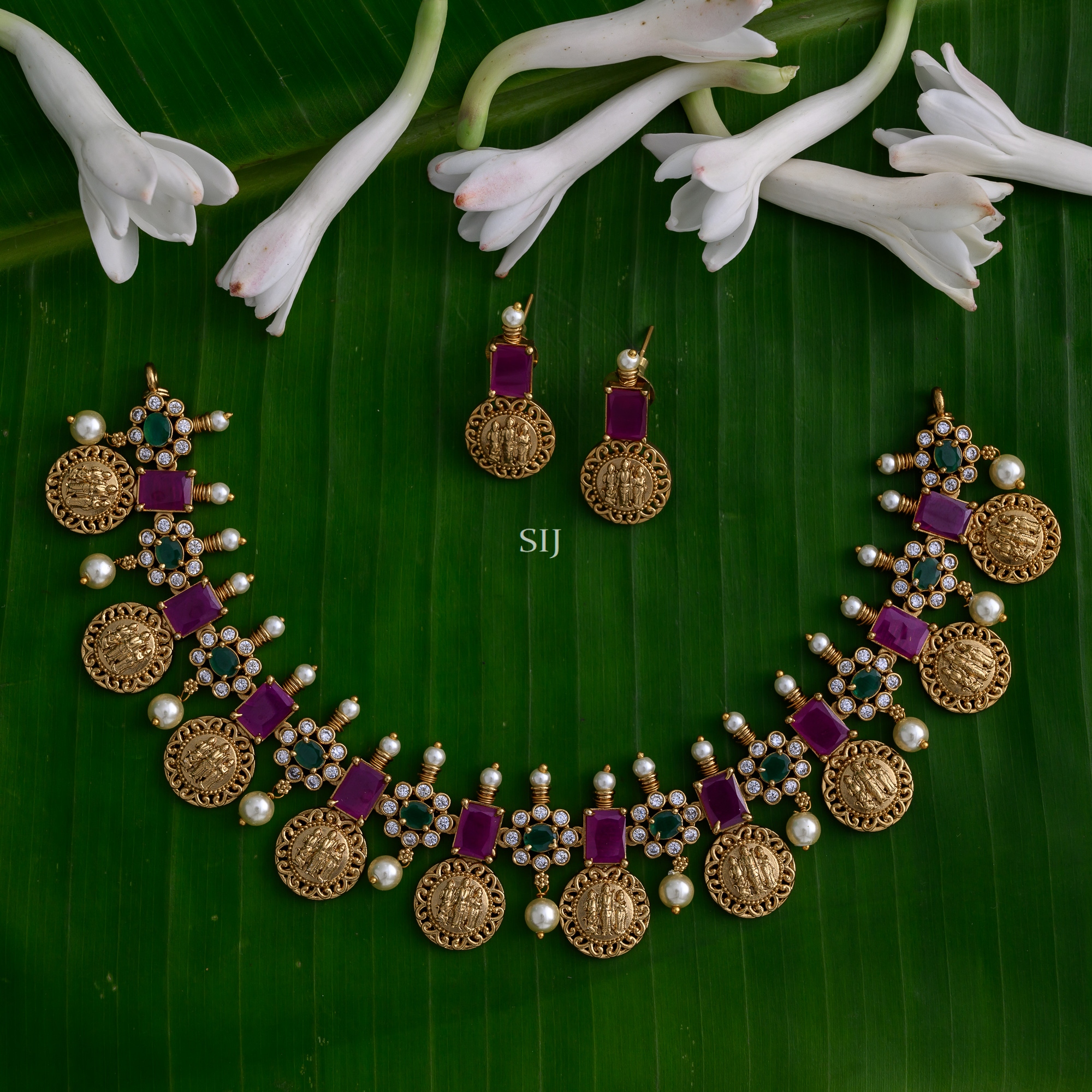 Multi Stones Flower Design Necklace with Ram Parivar Coins