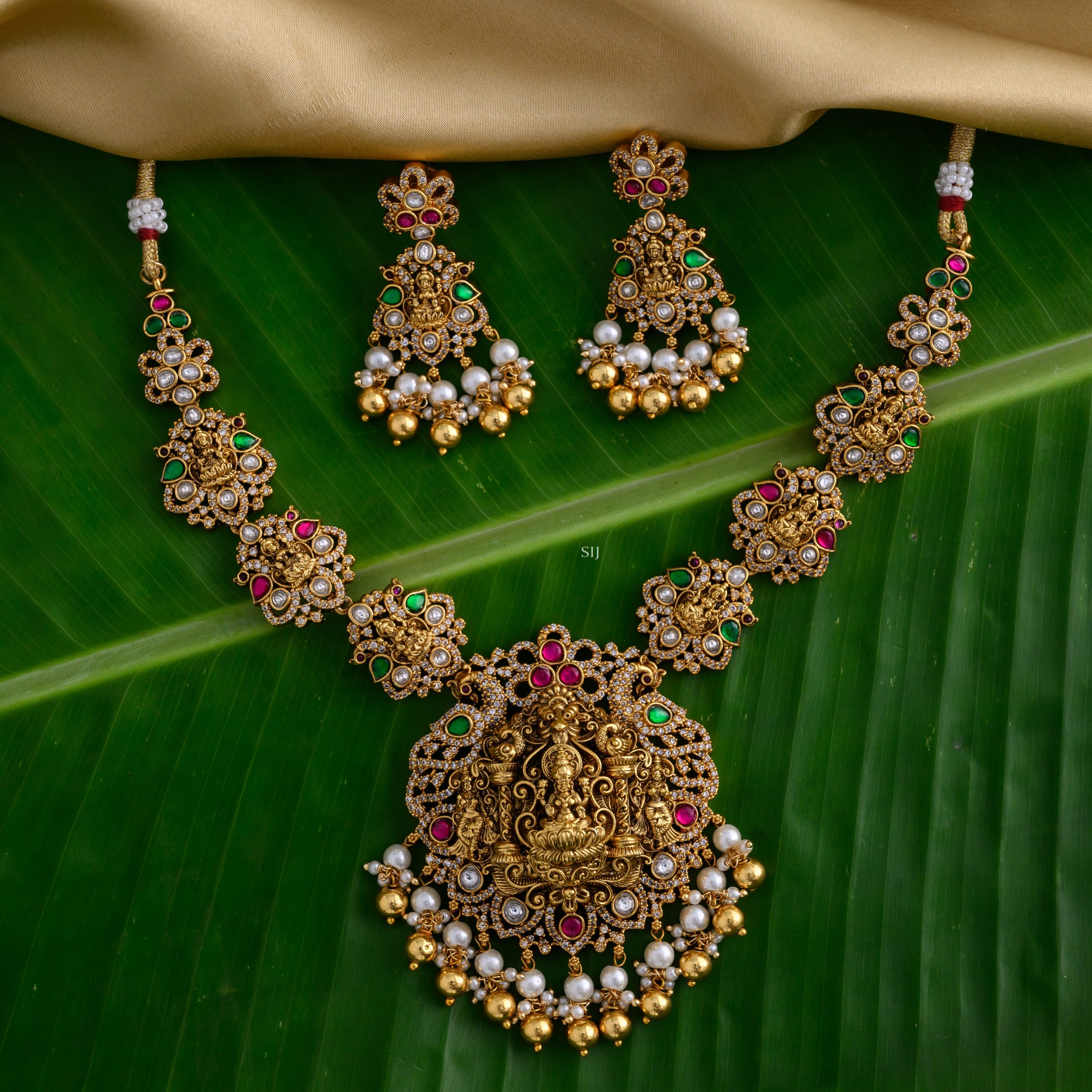 Gold Plated Multi Stones Lakshmi and Peacock Necklace
