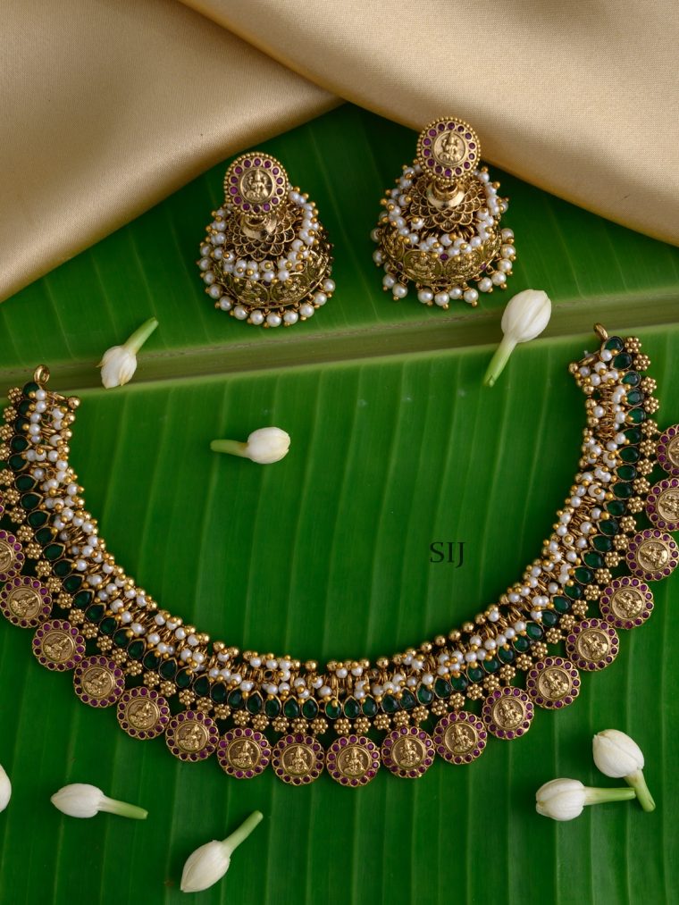 Imitation Lakshmi Design With Ruby And Pearl Beads Necklace Set