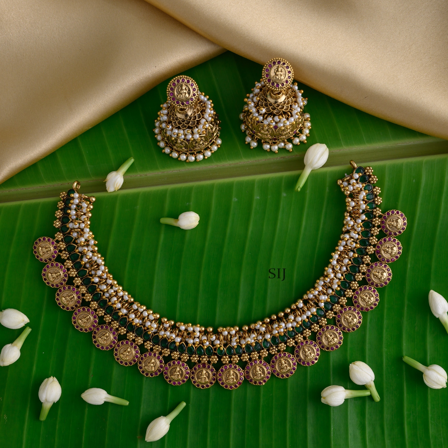 Imitation Lakshmi Design With Ruby And Pearl Beads Necklace Set