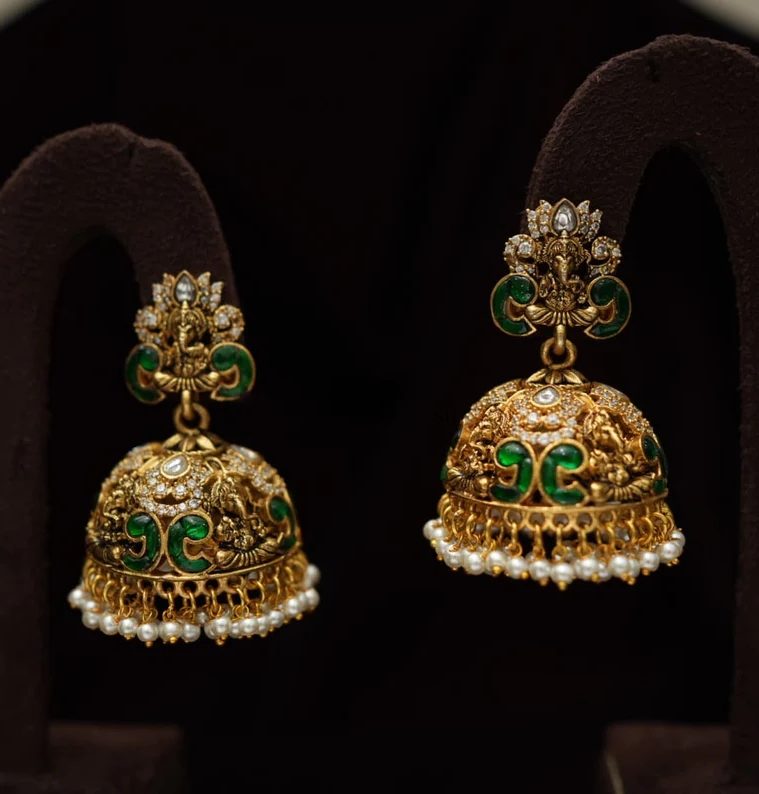 Antique Stone Jhumkas With Pearl Hanging