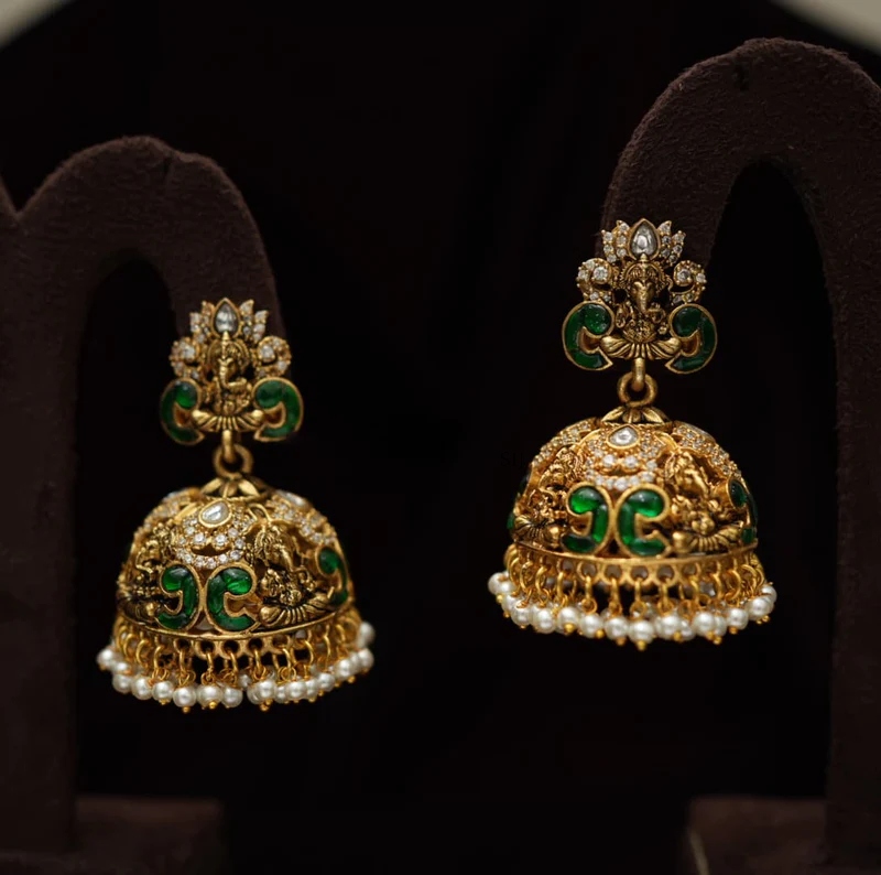 Antique Stone Jhumkas With Pearl Hanging