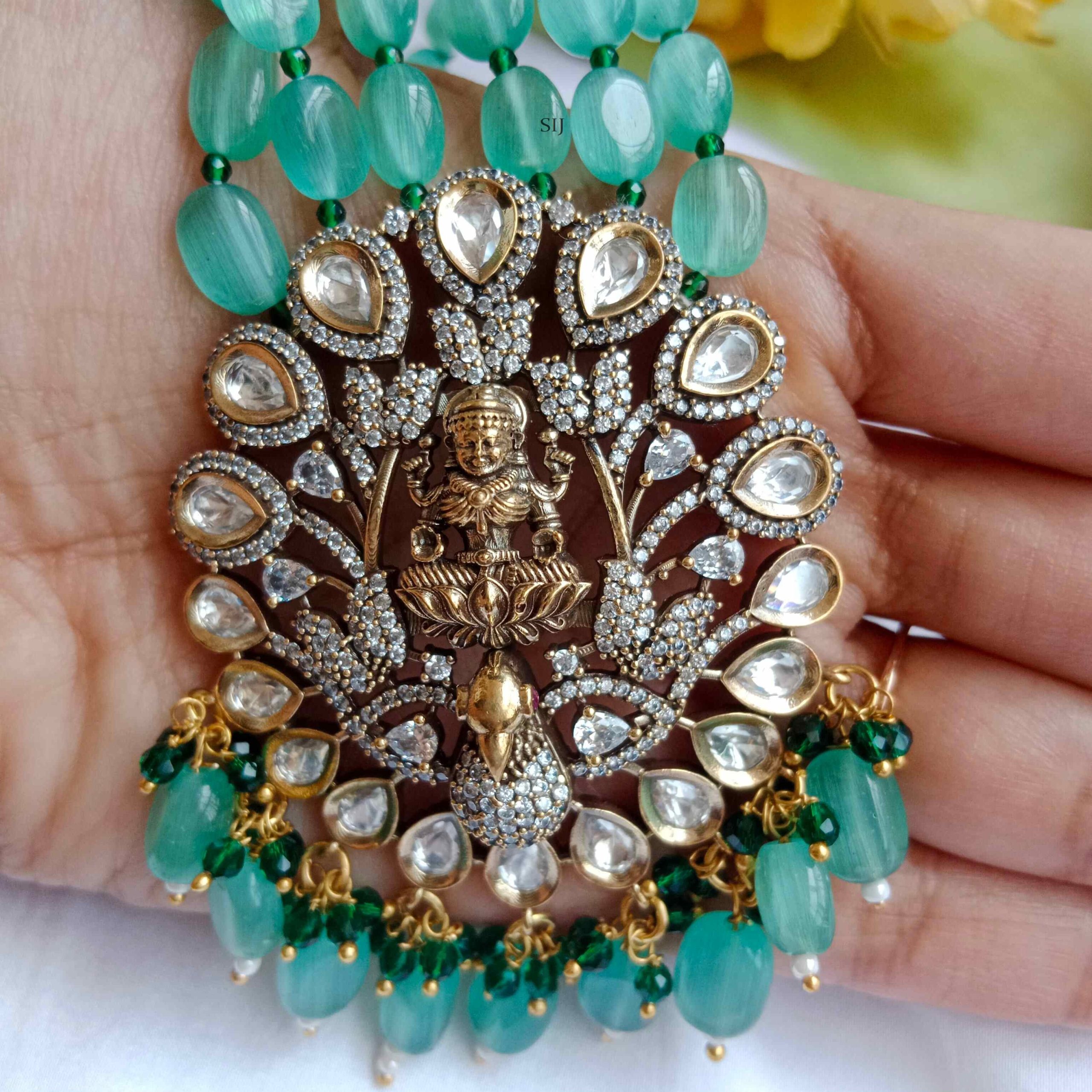 Traditional Lakshmi Victorian Pendant with Green Beads Haram