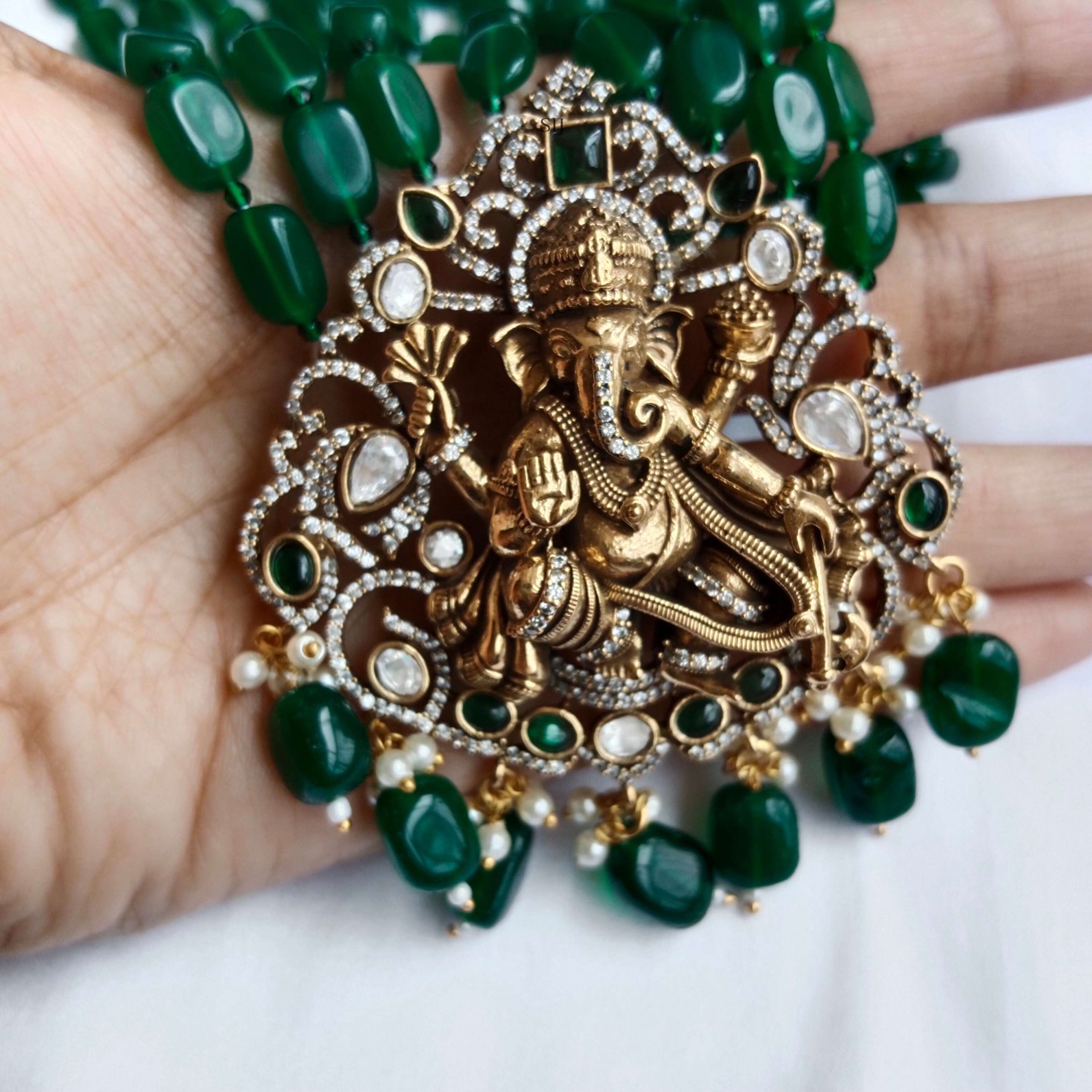 Four Layers Green Beads Haram with Victorian Ganesh Pendant