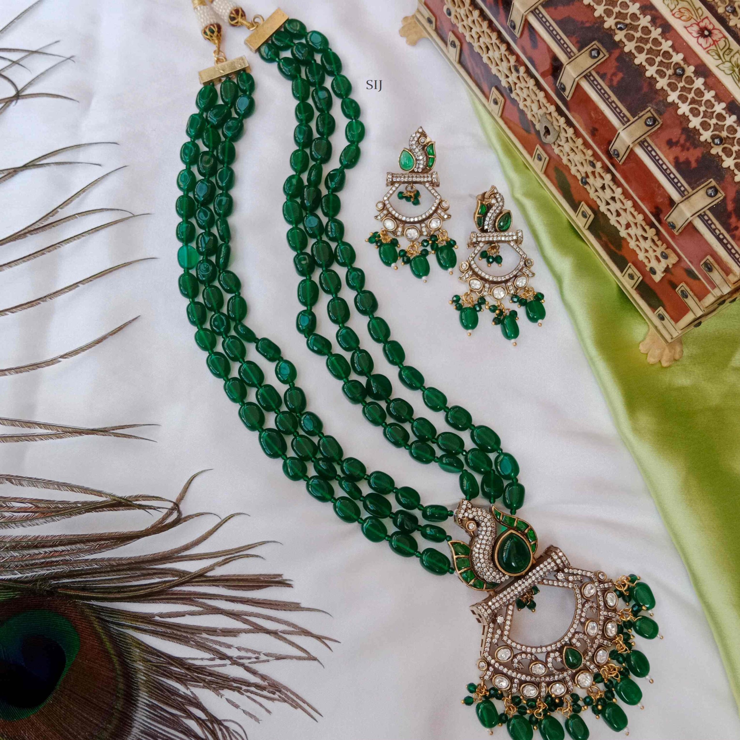 Victorian Peacock Chand Bali Pendant Green Beads Haram