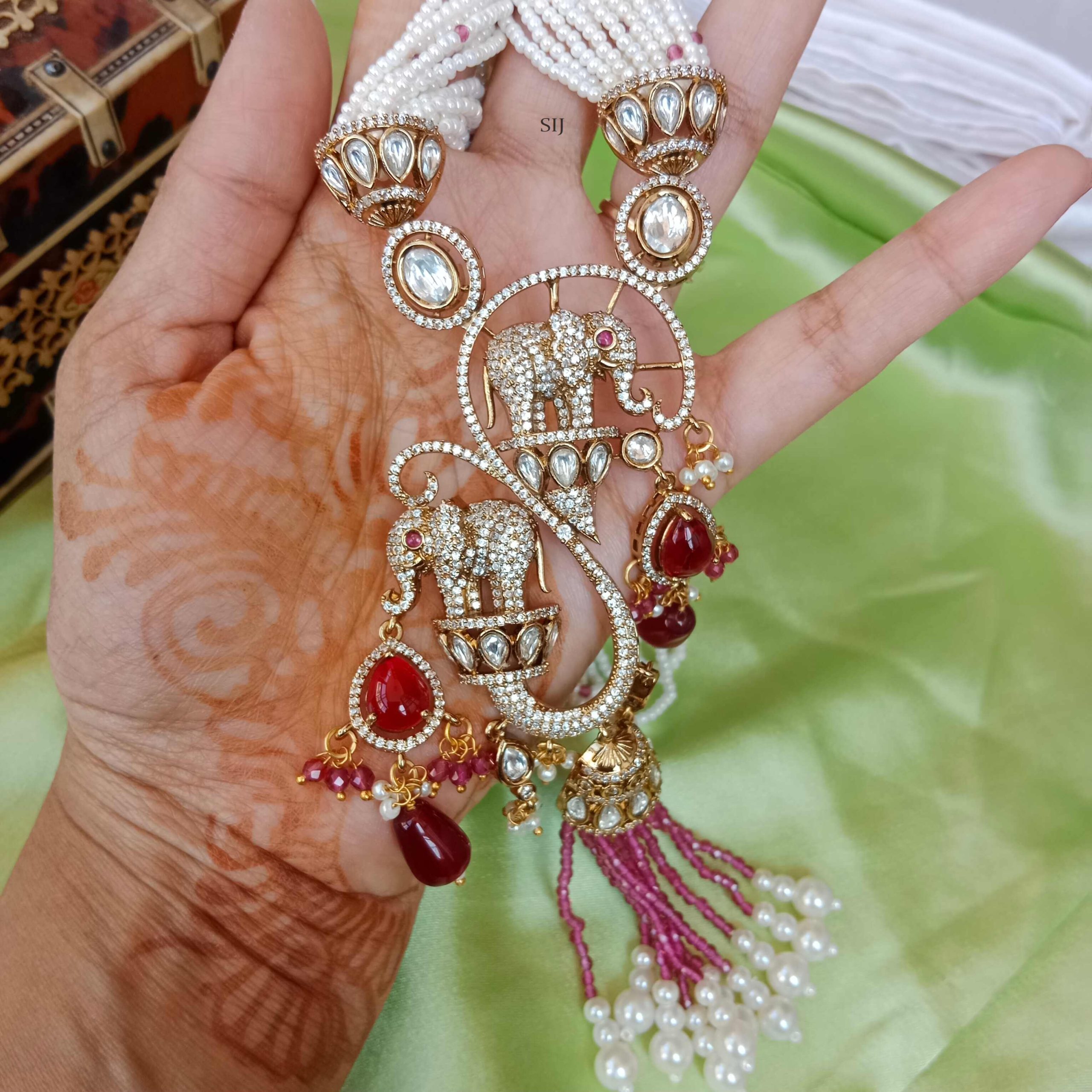 Multi Layer Pearl Beads Haram with Dual Elephant Victorian Pendant