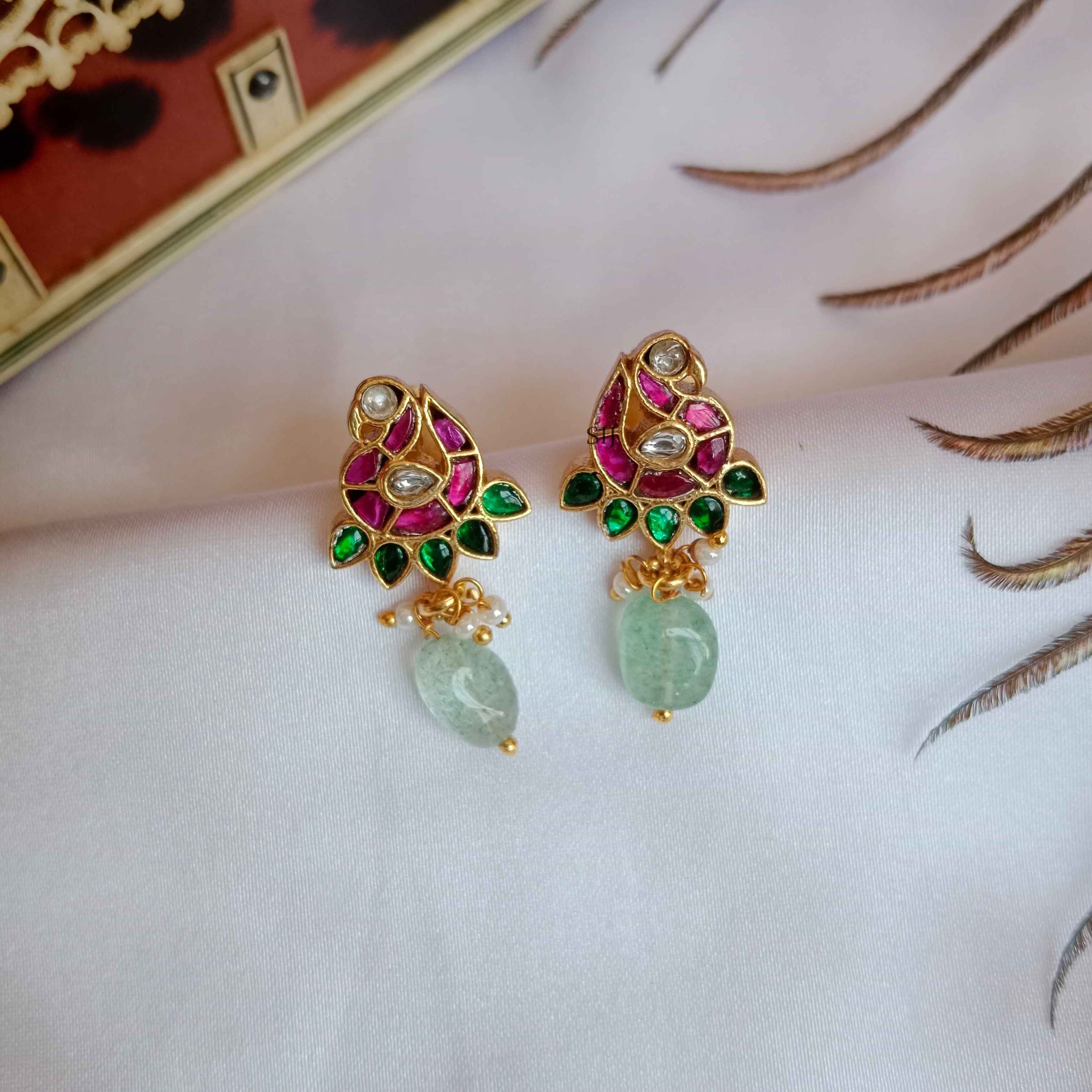 Peacock Jadau Earrings With Green Beads Drop