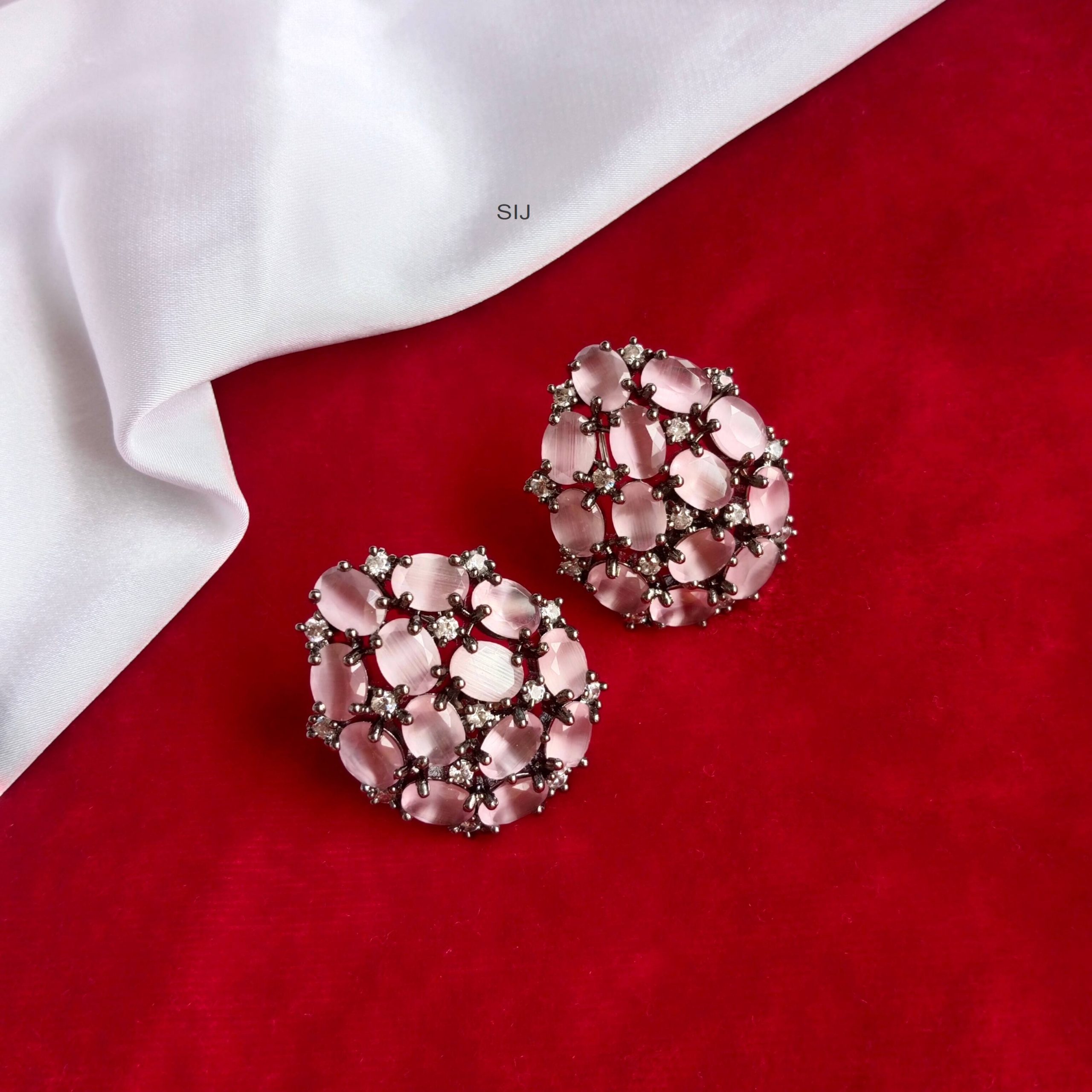 Rose Black Finish Pink Oval Earrings