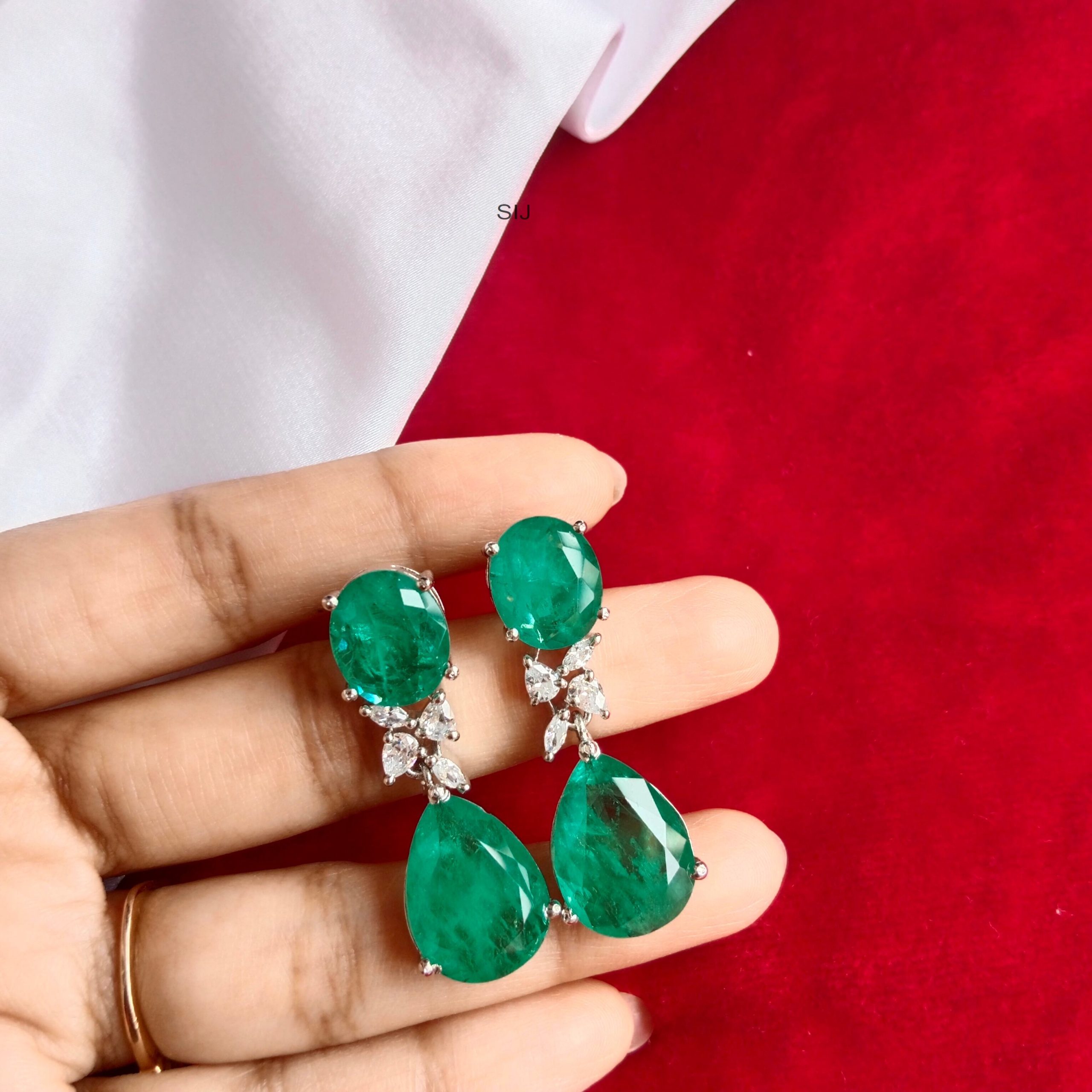 Silver Finish Green Double Stone Earrings