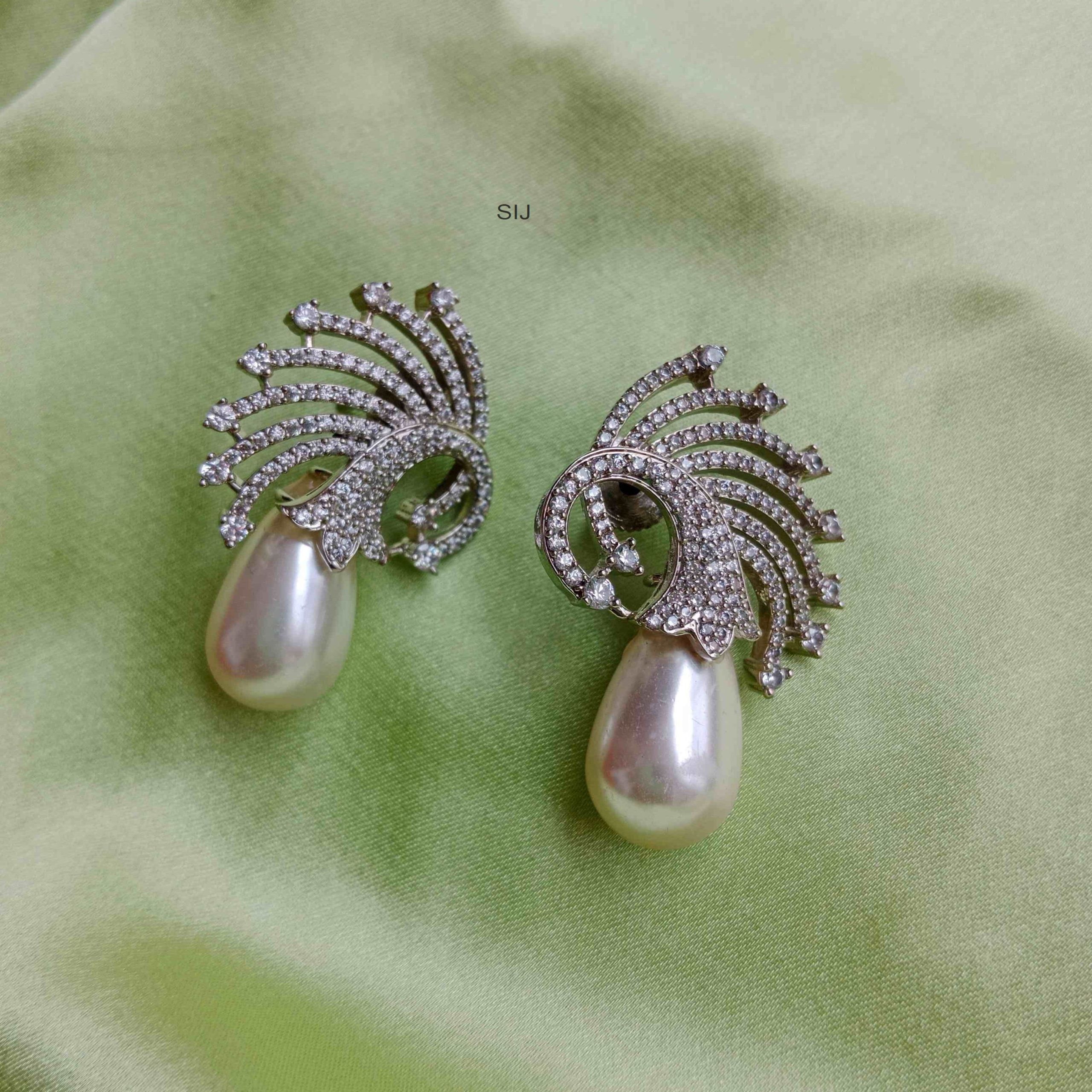 Peacock Design AD Stones Earrings with Pearl Drop