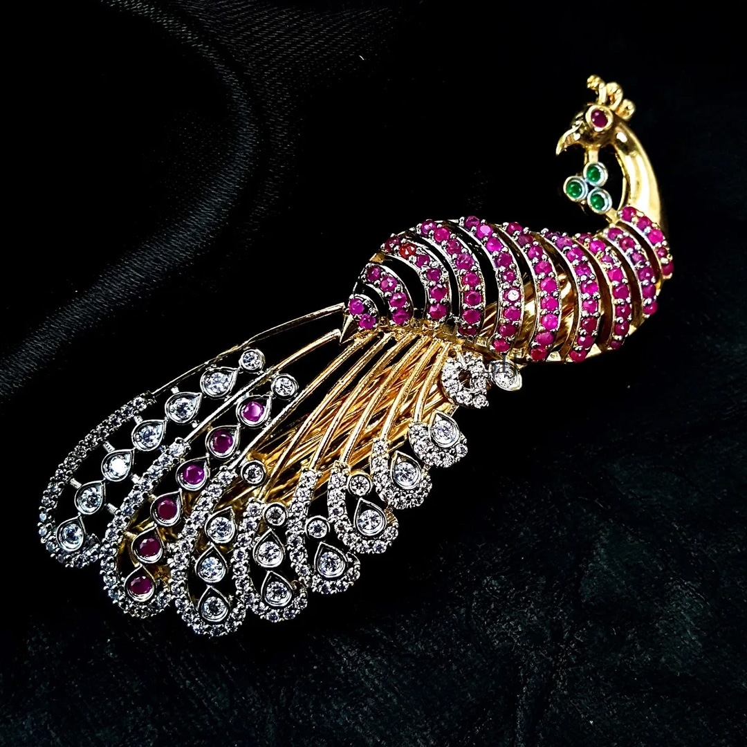 Gold Polish Peacock Hair Clip with Multi AD Stones