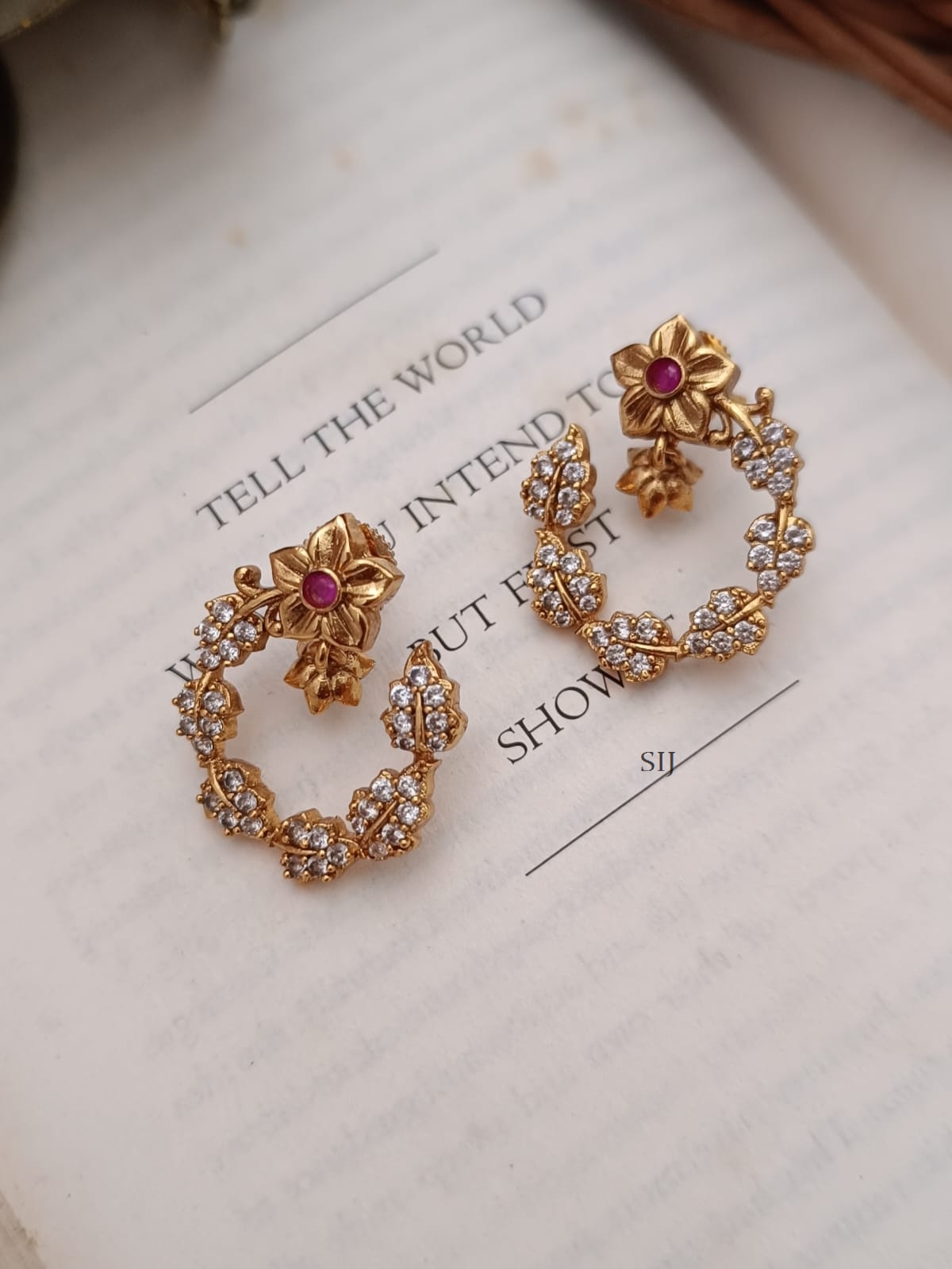 Imitation Ruby Floral Chandbali Earrings