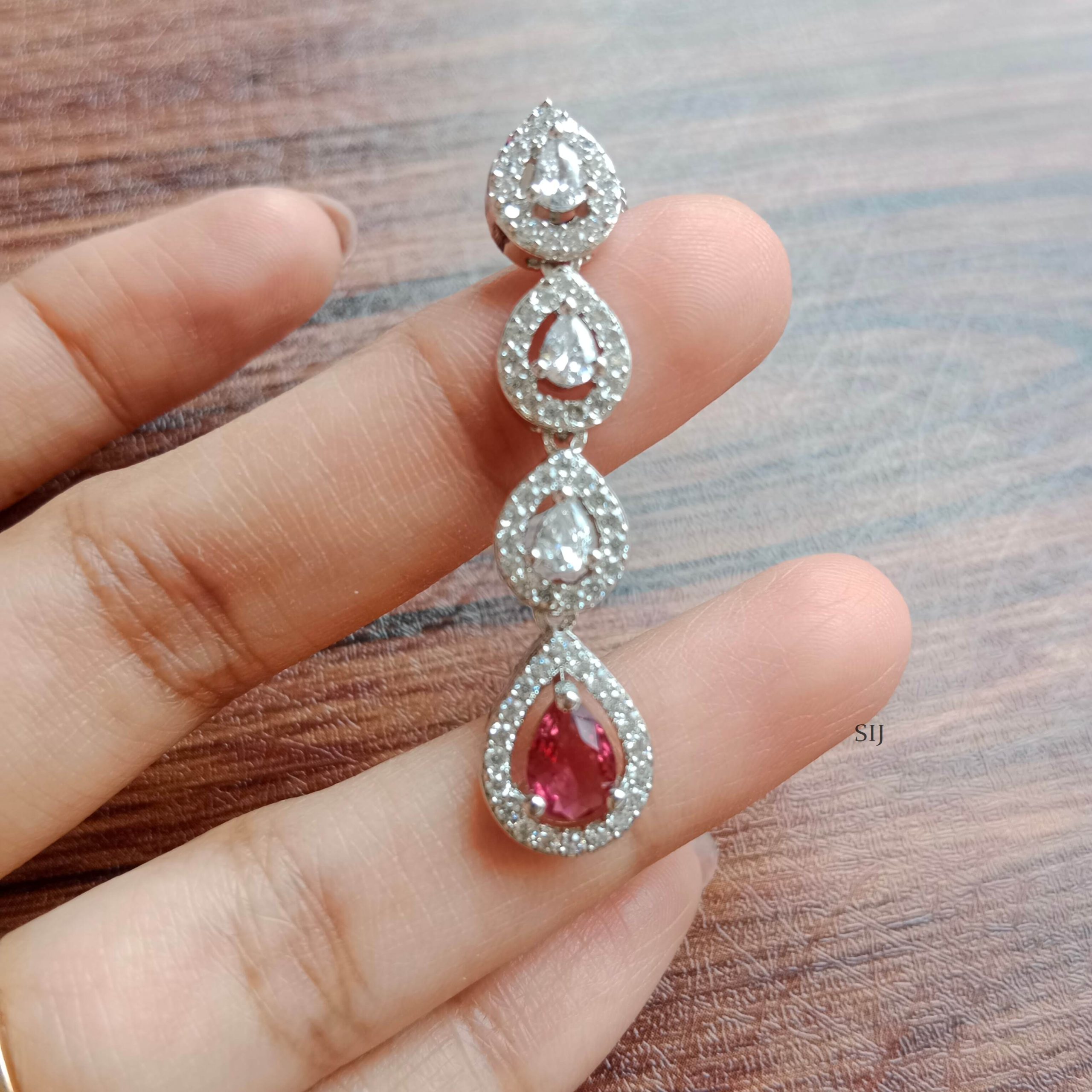Three AD Stones With Ruby Drop Earrings