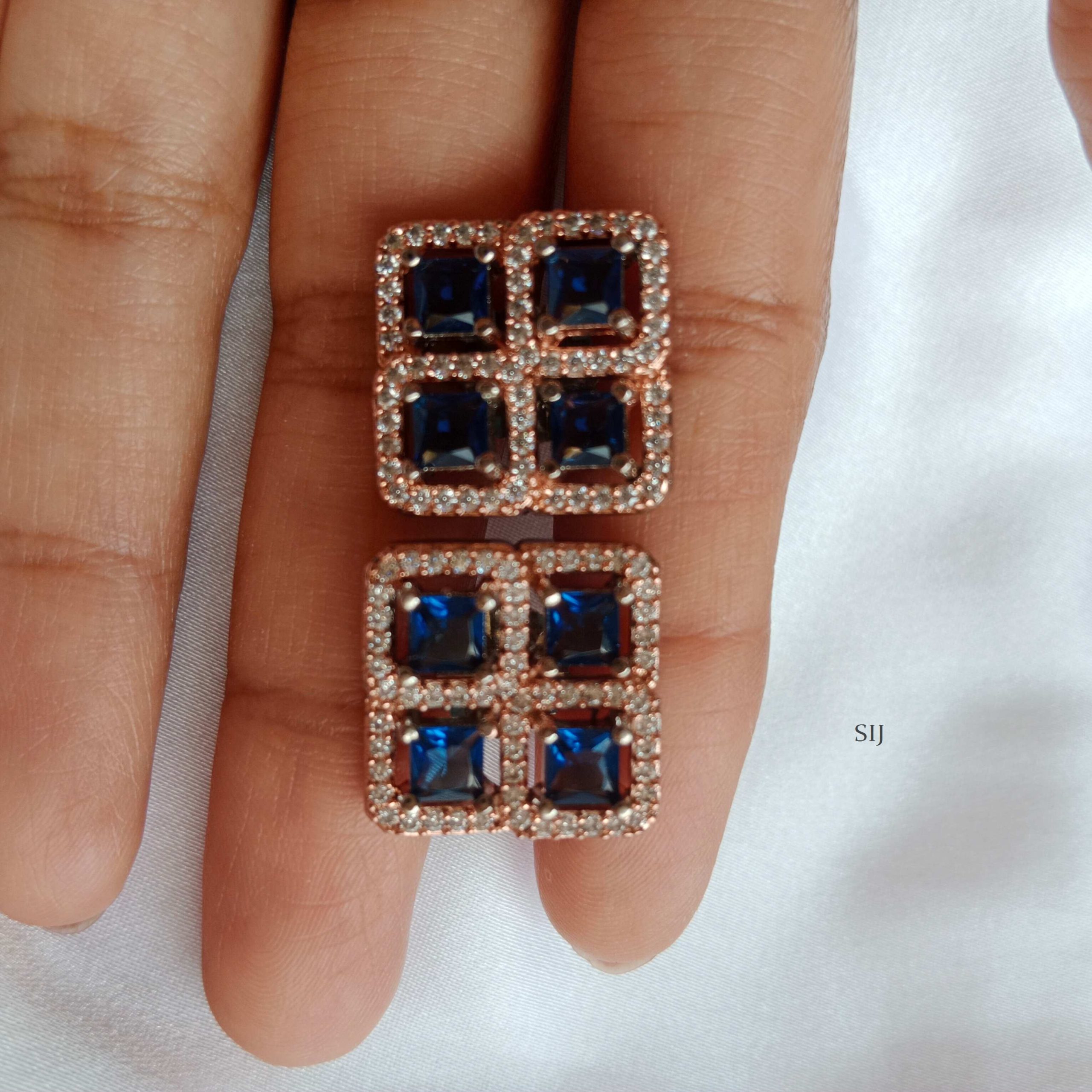 Imitation Red / Blue AD Stones Square Earrings