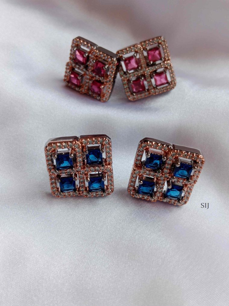 Imitation Red / Blue AD Stones Square Earrings