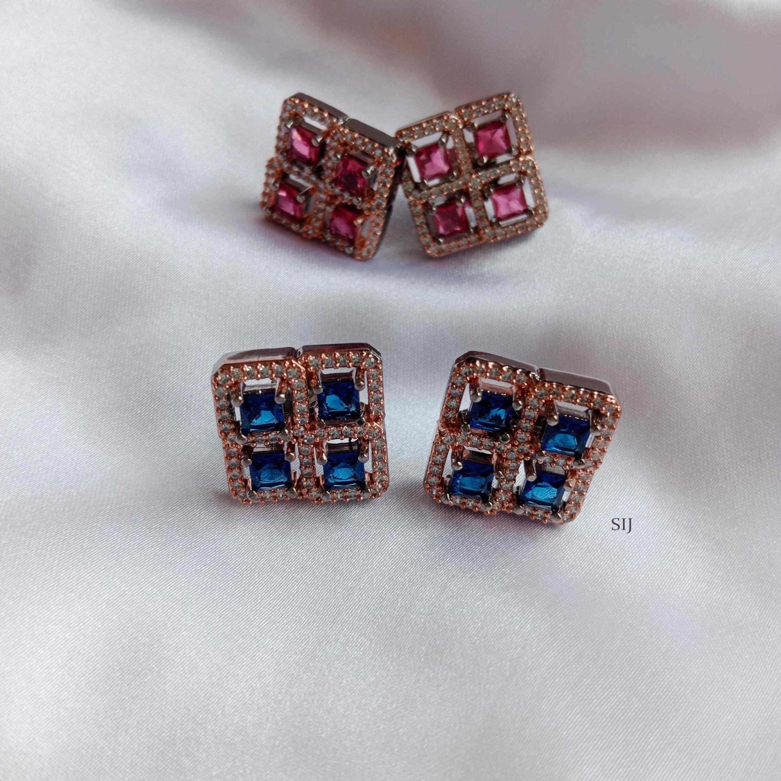 Imitation Red / Blue AD Stones Square Earrings