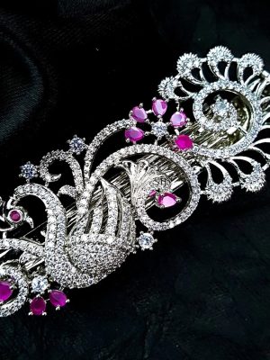 Silver Finish AD Stones Peacock Hair Brooch Clip