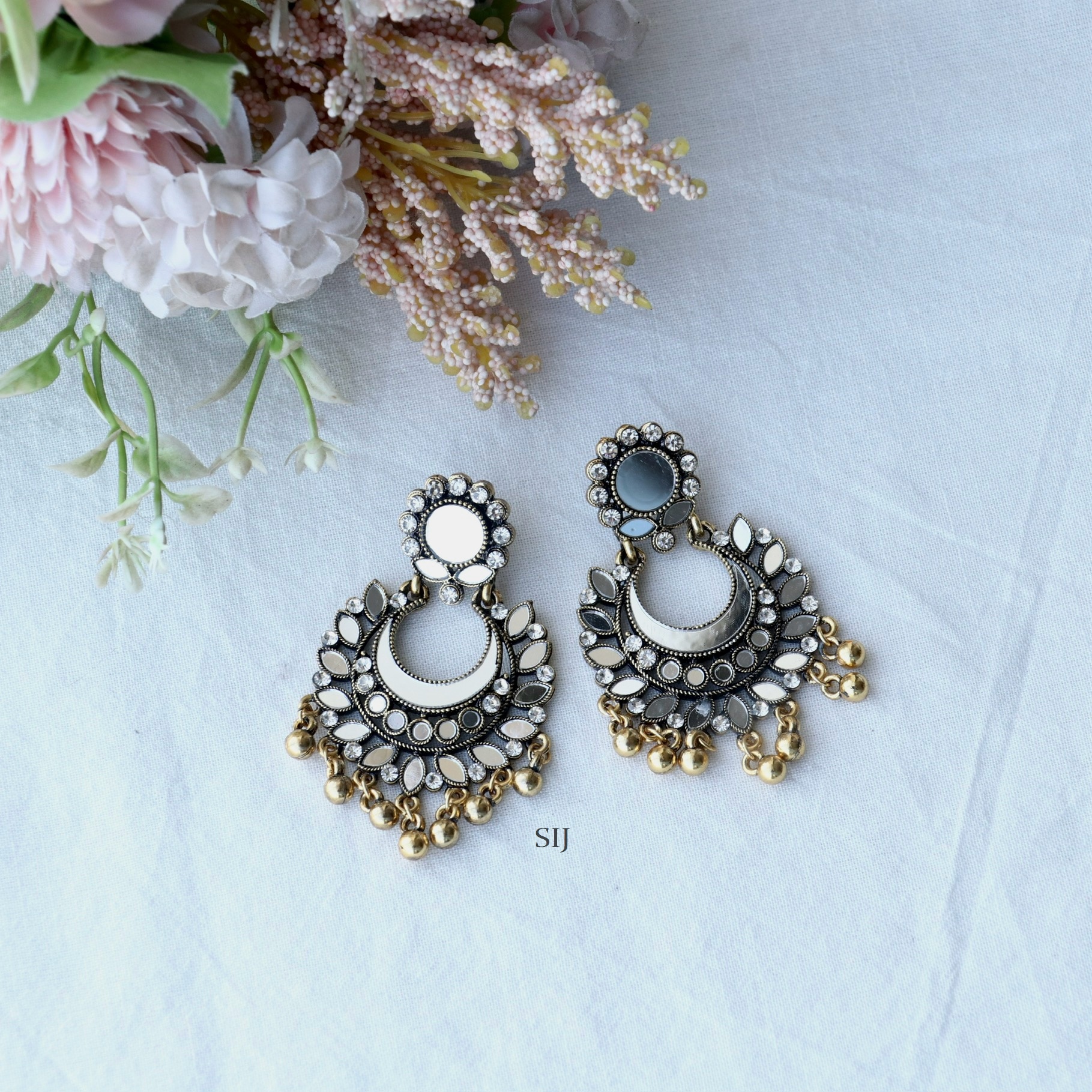 Oxidised Gold Plated Mirror Design Earrings