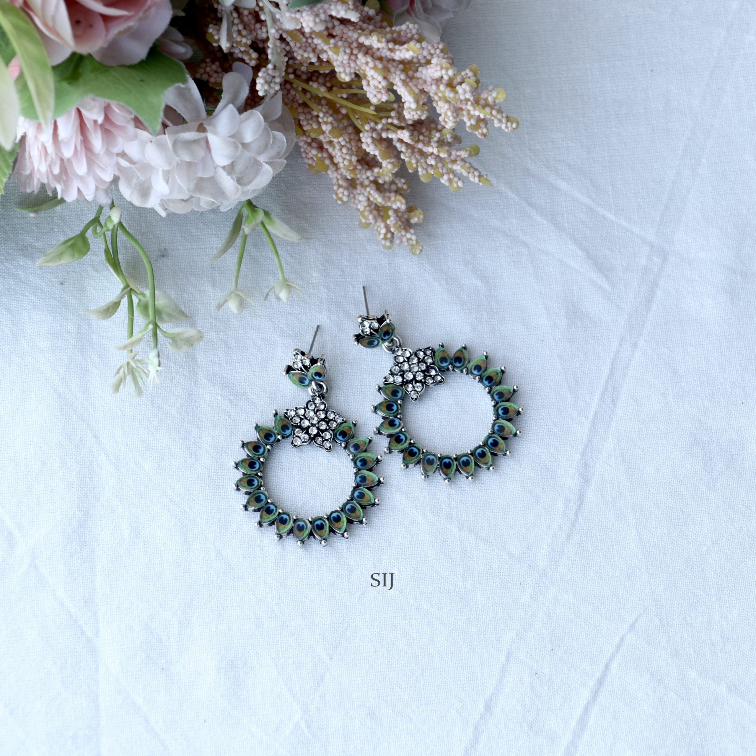 Silver Oxidised Earrings With Mirror Stones