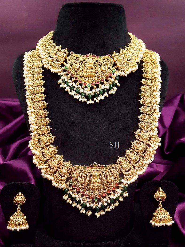 Red and Green Stones Lakshmi Moissanite Beads and Pearls Jewellery Set