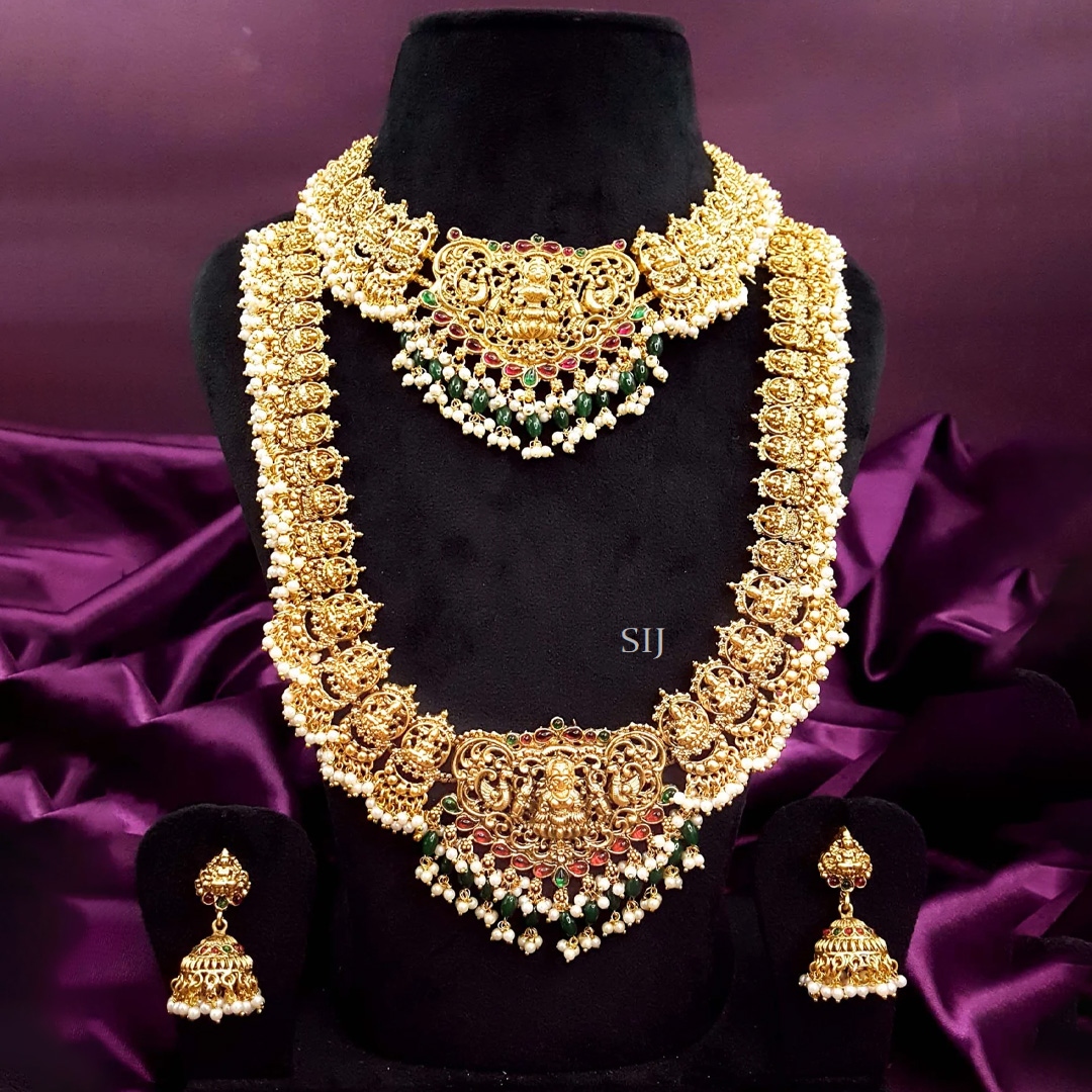 Red and Green Stones Lakshmi Moissanite Beads and Pearls Jewellery Set