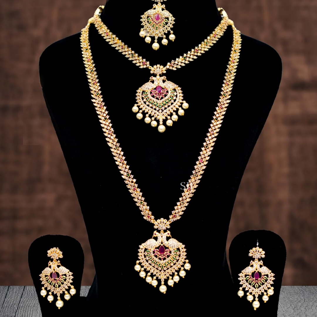 Gold Plated AD Stones Double Peacock Jewellery Set