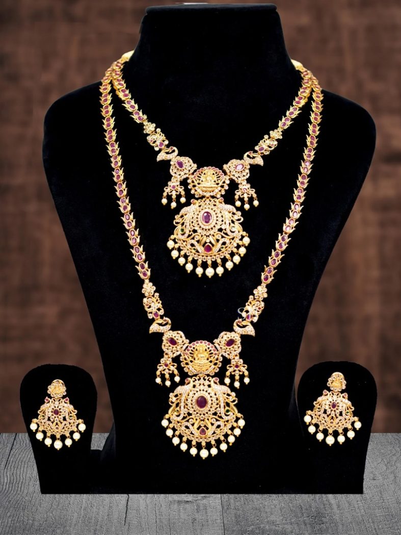 Gold Covering Lakshmi Jewellery Set with Red Stones