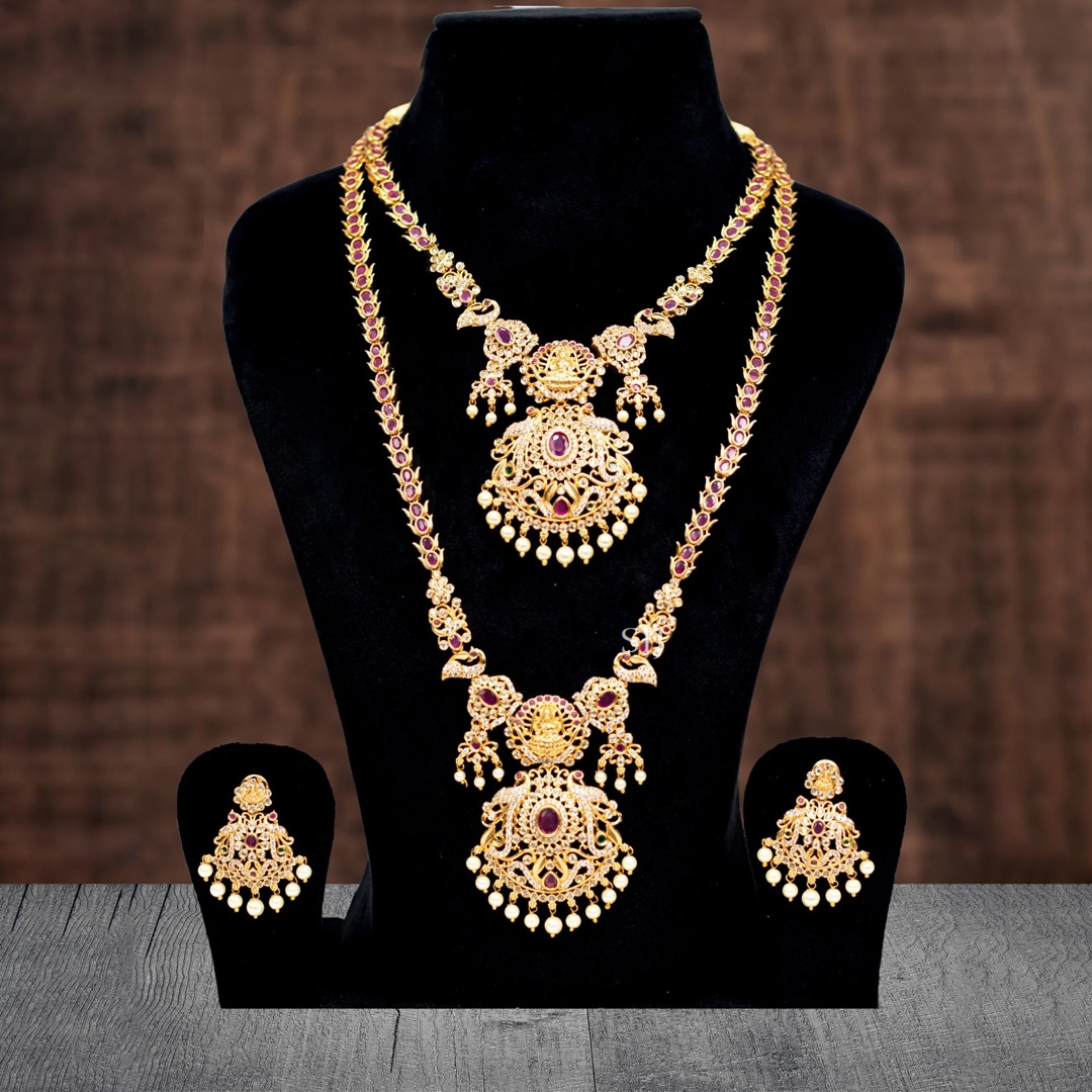 Gold Covering Lakshmi Jewellery Set with Red Stones