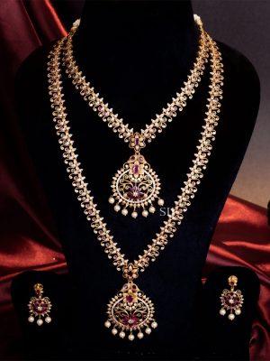 Gold Covering Multi Stones Floral Design Jewellery set