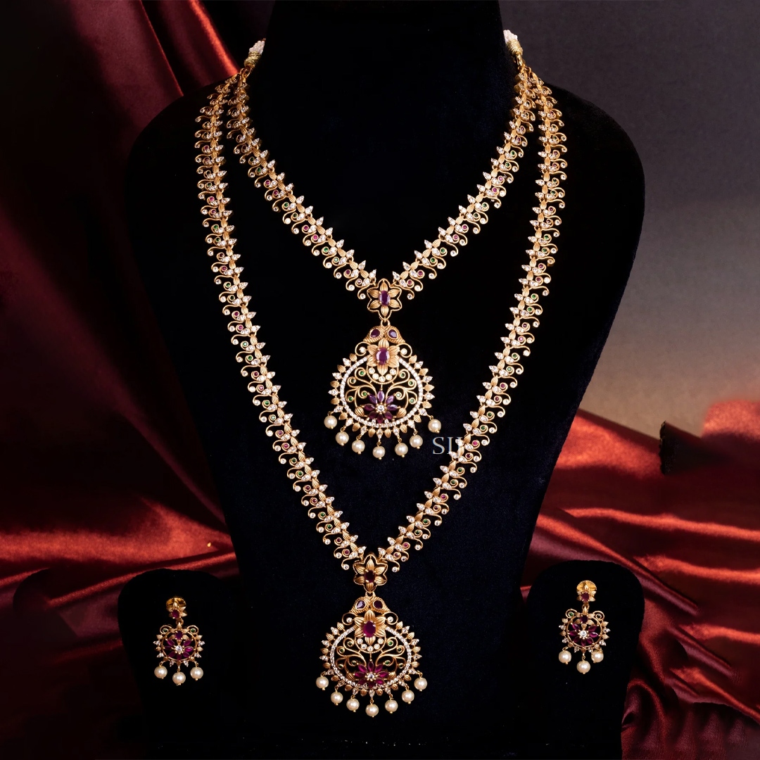 Gold Covering Multi Stones Floral Design Jewellery set