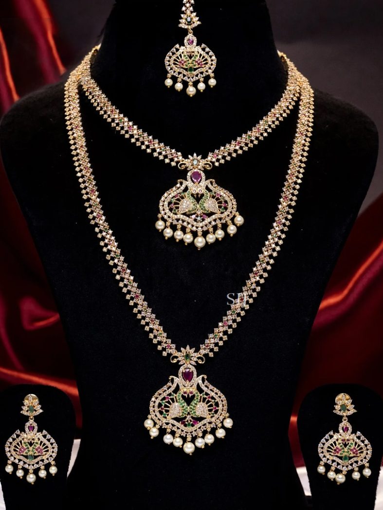 Traditional Double Peacock AD Stones Bridal Jewellery Set