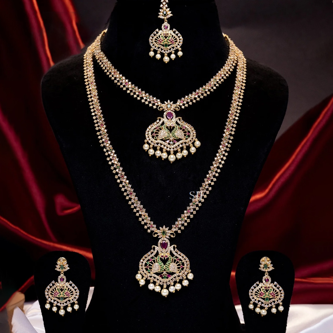 Traditional Double Peacock AD Stones Bridal Jewellery Set